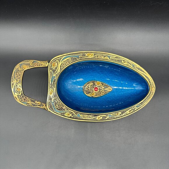 Vintage Brass Enamel Wheelbarrow Trinket Dish Israel Blue Gold Centerpiece Bowl - Picture 6 of 12